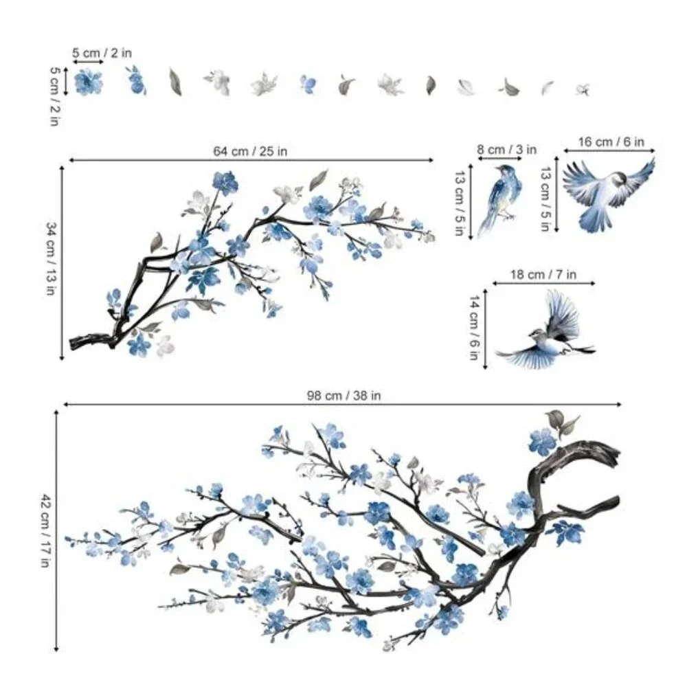 Blue Flower Wall Decals Watercolor Tree Branch Floral Stickers Bedroom Living